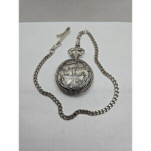 Details Duck Hunting Pocket Watch Blue Silver Tone Boat Dog Quartz New Battery